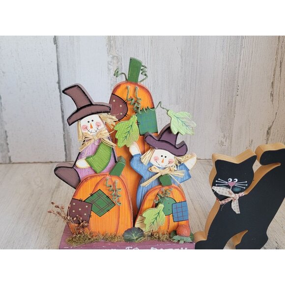 Wooden scarecrow patch black cat Halloween home decor set - Picture 4 of 5